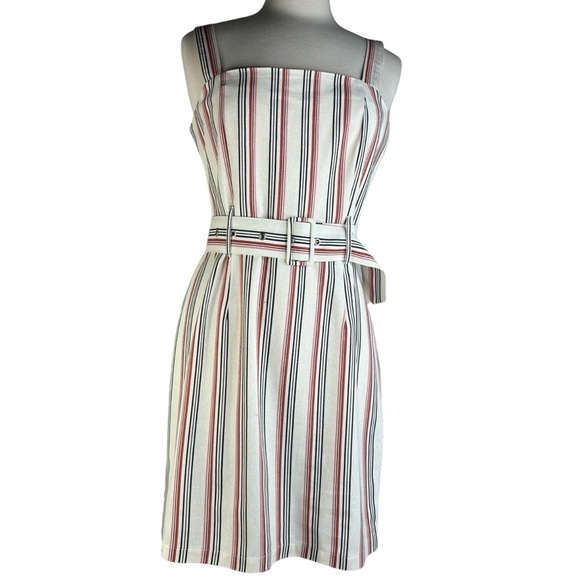 Iris Brand Light Red & Ivory Striped Linen Dress Zip Back Belt Wide Straps Large - Picture 5 of 9